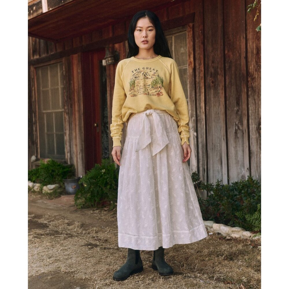 The GREAT. The Highland Eyelet Midi Skirt in Cream